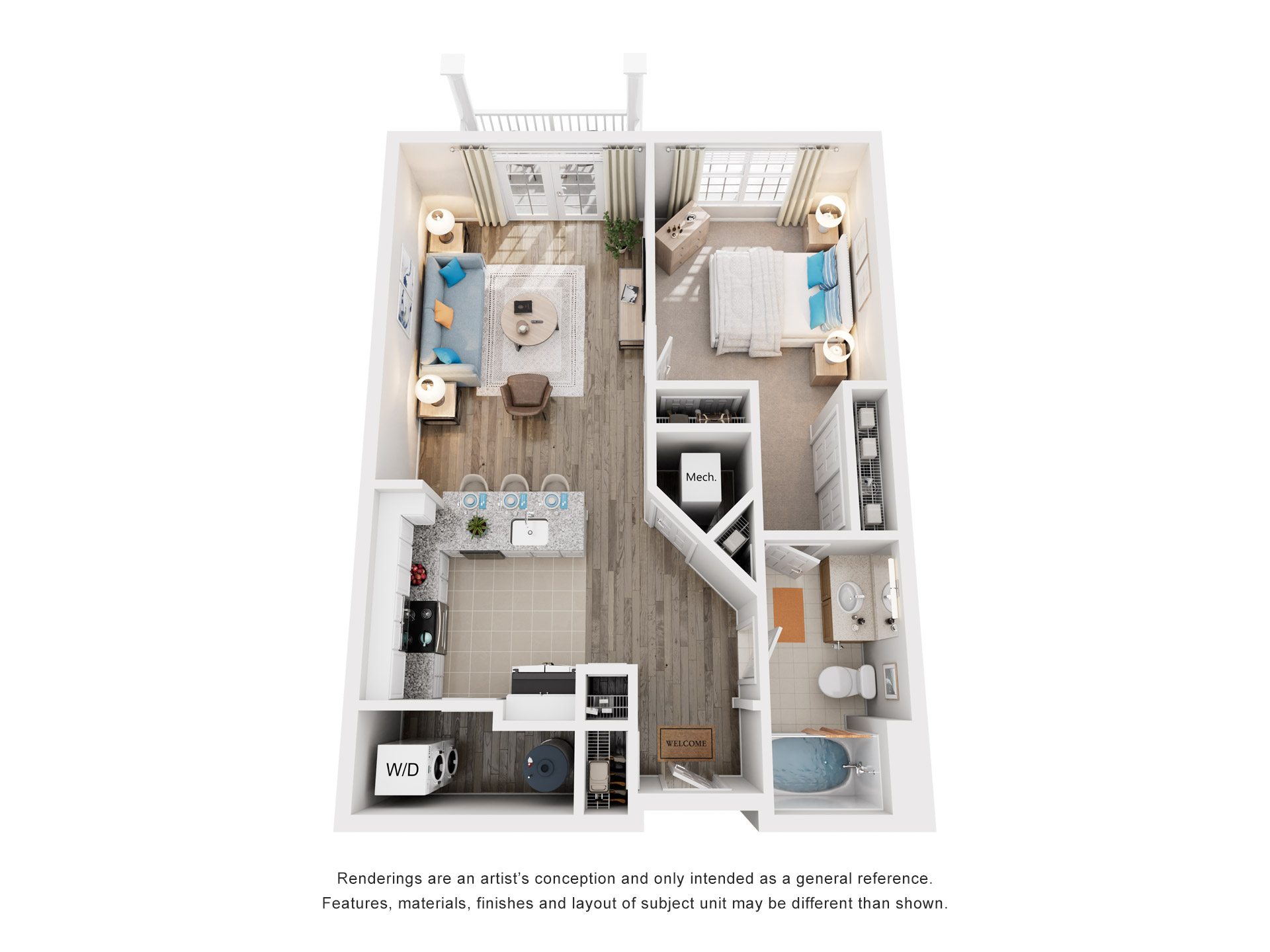 Floor plan for 1 bed, 1 bath, 751 sqft